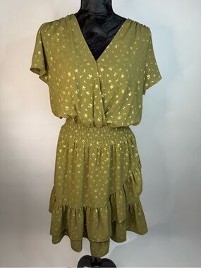 MICHAEL Michael Kors Olive Green Short-Sleeve Floral Wrap-Style Mini Dress
